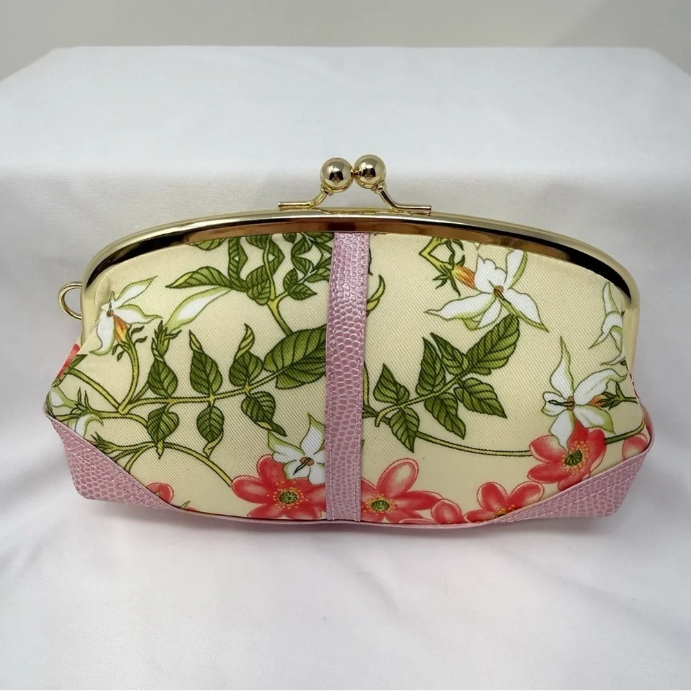 Joan Rivers Beauty Floral Kiss Lock Clutch Pink Gold Frame Evening Makeup Bag